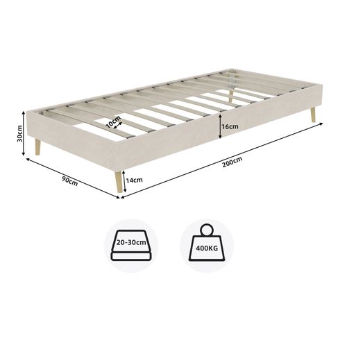 Lit Simple 90x200 Cm - Enfant - Cadre Bas Fonctionnel - Velours Hollandais - Beige