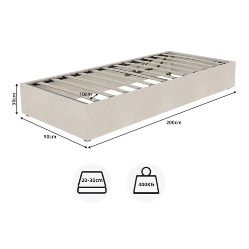 Lit Coffre Simple 90x200 Cm - Enfant - Cadre Bas Moderne Avec Vérin Hydraulique - Velours - Beige