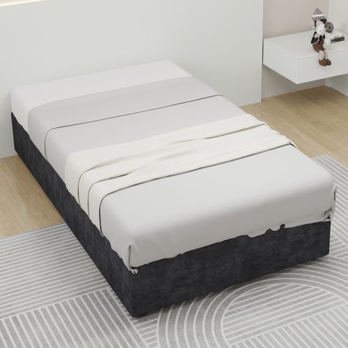 Lit Coffre Simple 90x200 Cm - Enfant - Cadre Bas Moderne Avec Vérin Hydraulique - Velours - Gris