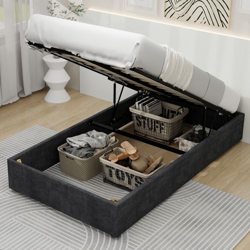 Lit Coffre Simple 90x200 Cm - Enfant - Cadre Bas Moderne Avec Vérin Hydraulique - Velours - Gris