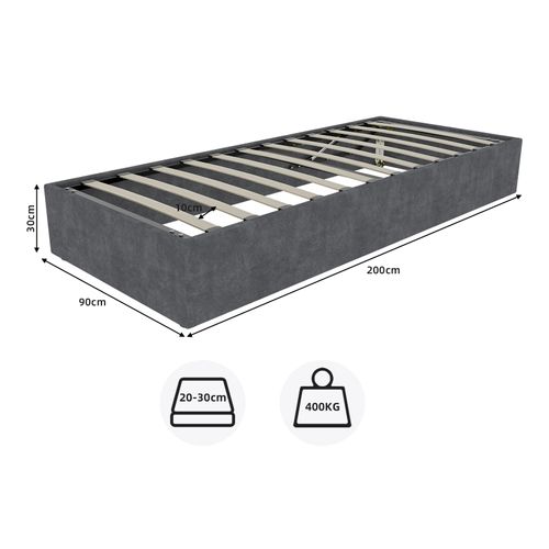 Lit Coffre Simple 90x200 Cm - Enfant - Cadre Bas Moderne Avec Vérin Hydraulique - Velours - Gris