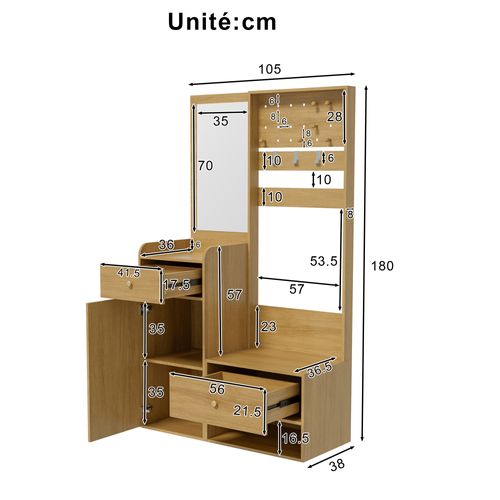 Vestiaire D’entrée - Crochets Réglables Et Banc à Chaussures - Structure Fiable - Naturel