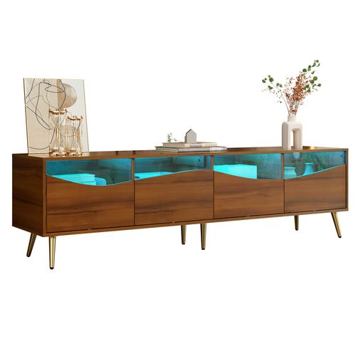Meuble TV Contemporain Avec Portes Vitrées Et LED Intégrée, Pieds Dorés Métal, Style Naturel