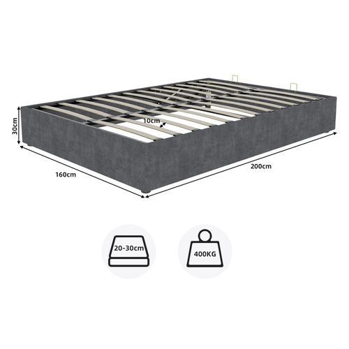Lit Coffre Double 160×200 Cm - Moderne - Rangement - Vérins Hydrauliques - Velours Hollandais - Gris