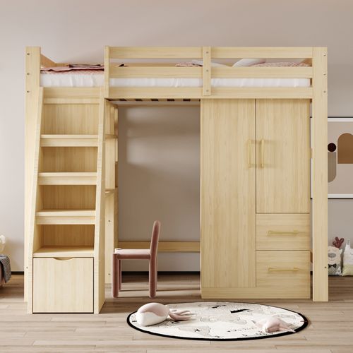 Armoire Enfant 2 Portes Avec Tiroir Et Étagères - Meuble Rangement Multifonction - Mdf - Naturel