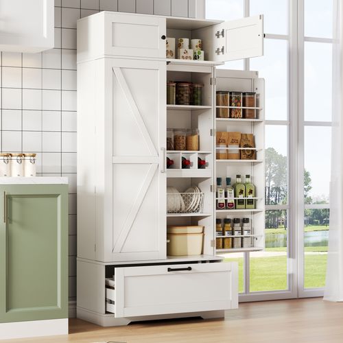 Buffet Industriel Avec Casier à Vin - Étagères Réglables - Indépendant - Tiroirs Et Portes - Blanc