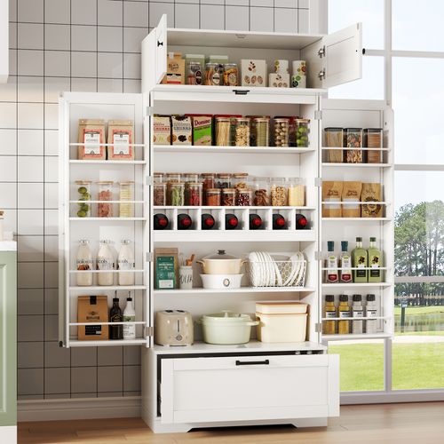 Buffet Industriel Avec Casier à Vin - Étagères Réglables - Indépendant - Tiroirs Et Portes - Blanc