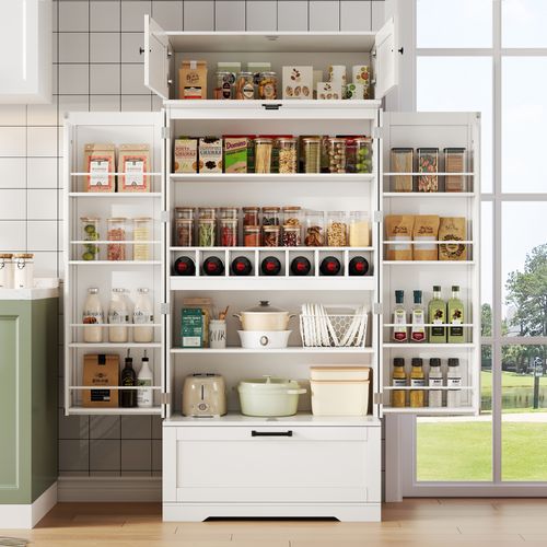 Buffet Industriel Avec Casier à Vin - Étagères Réglables - Indépendant - Tiroirs Et Portes - Blanc