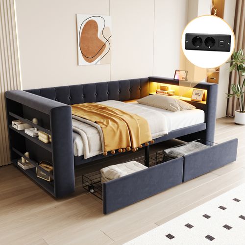 Lit Banquette Simple 90x190 Cm Avec LED Et Prise - Lit Multifonction Gris Foncé Avec Tiroir