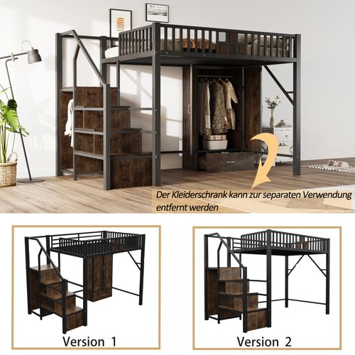 Lit Mezzanine Ado 140x200 Cm - Avec Échelle - Tiroirs Et Rangements - Métal Bois - Noir