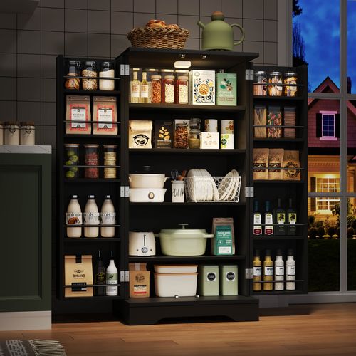 Buffet De Rangement Avec LED Détecteur - Double Porte - Étagères Réglables - Meuble Pratique - Noir