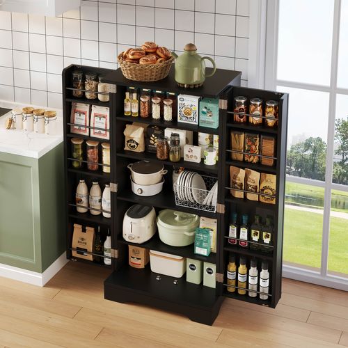 Buffet De Rangement Avec LED Détecteur - Double Porte - Étagères Réglables - Meuble Pratique - Noir