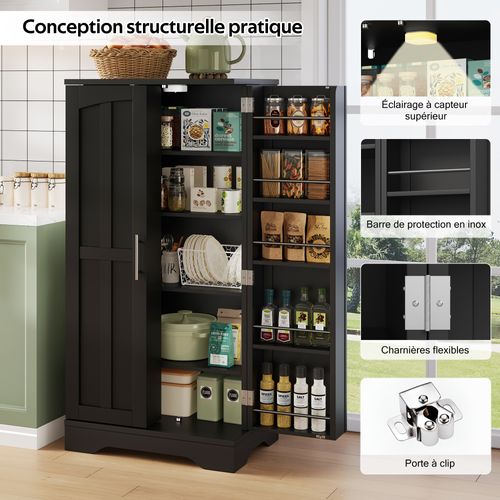 Buffet De Rangement Avec LED Détecteur - Double Porte - Étagères Réglables - Meuble Pratique - Noir