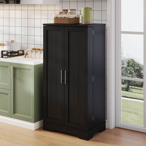 Buffet De Rangement Avec LED Détecteur - Double Porte - Étagères Réglables - Meuble Pratique - Noir