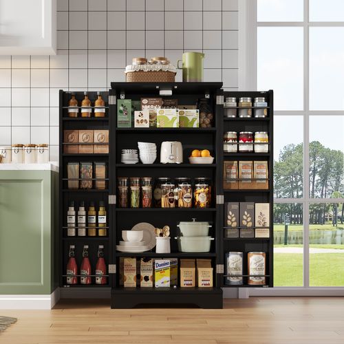 Buffet De Rangement Avec LED Détecteur - Double Porte - Étagères Réglables - Meuble Pratique - Noir