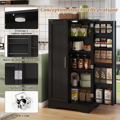 Buffet De Rangement Avec LED Détecteur - Double Porte - Étagères Réglables - Meuble Pratique - Noir
