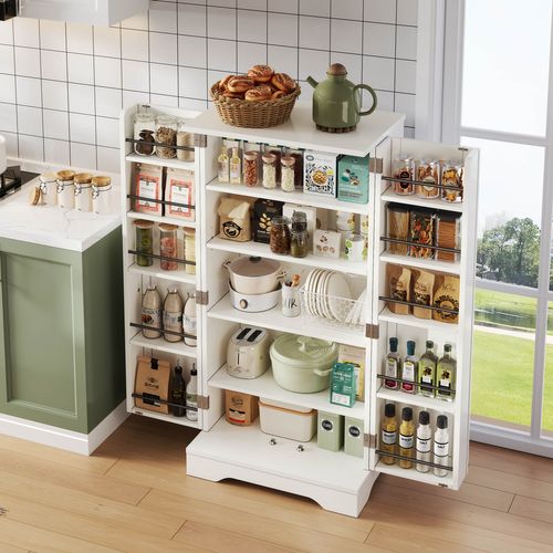 Buffet De Rangement Avec LED Détecteur - Double Porte - Étagères Réglables - Meuble Pratique - Blanc