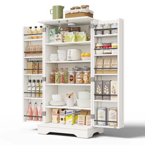 Buffet De Rangement Avec LED Détecteur - Double Porte - Étagères Réglables - Meuble Pratique - Blanc