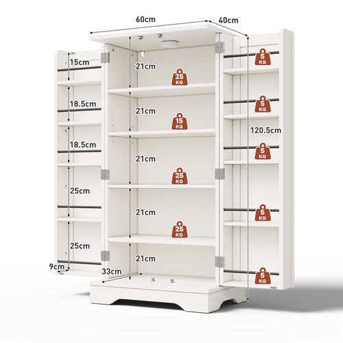 Buffet De Rangement Avec LED Détecteur - Double Porte - Étagères Réglables - Meuble Pratique - Blanc