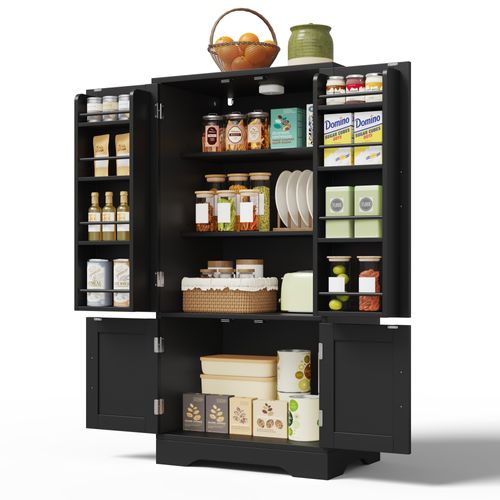 Buffet De Rangement Avec LED Détecteur - 4 Portes - Étagères Réglables - Meuble Pour Cuisine - Noir