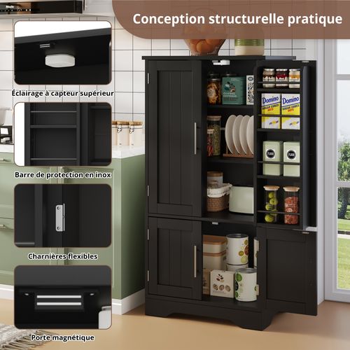Buffet De Rangement Avec LED Détecteur - 4 Portes - Étagères Réglables - Meuble Pour Cuisine - Noir