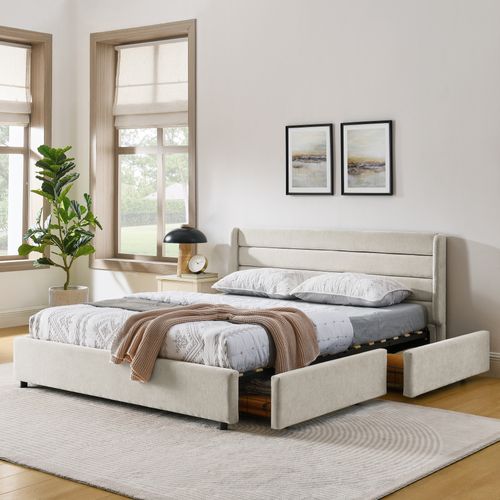 Lit Double 160x200 Cm - Lit Capitonné - Rangement Intégré - Fonctionnel Chambre Adulte - Beige