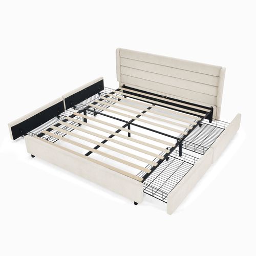 Lit Double 160x200 Cm - Lit Capitonné - Rangement Intégré - Fonctionnel Chambre Adulte - Beige