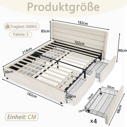 Lit Double 160x200 Cm - Lit Capitonné - Rangement Intégré - Fonctionnel Chambre Adulte - Beige