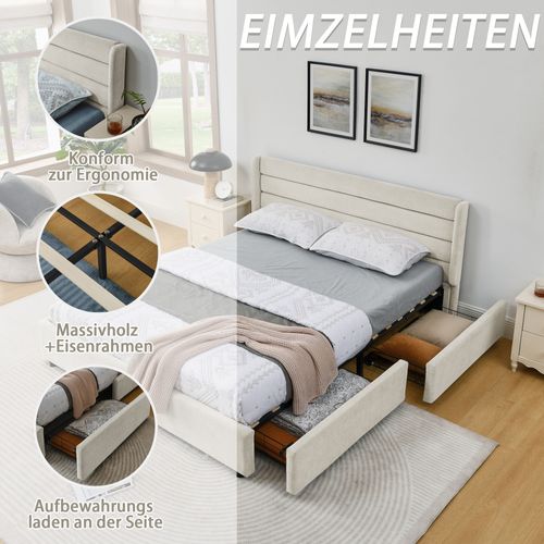 Lit Double 160x200 Cm - Lit Capitonné - Rangement Intégré - Fonctionnel Chambre Adulte - Beige