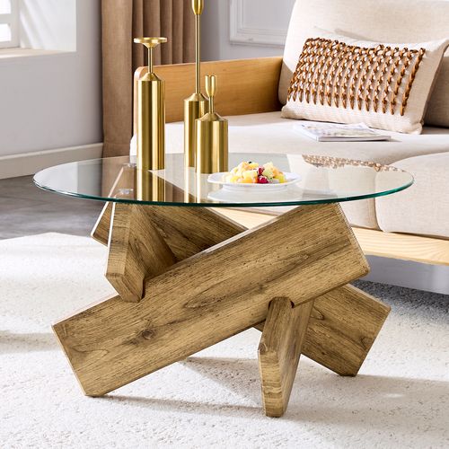 Table Basse Ronde - Structure Bois - Plateau Verre - Mdf Et Verre Trempé - Transparent Et Bois