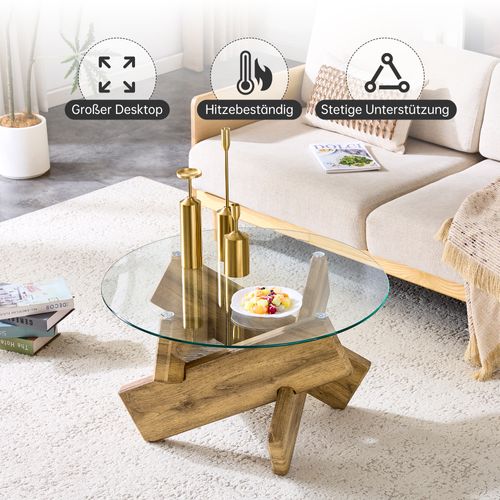 Table Basse Ronde - Structure Bois - Plateau Verre - Mdf Et Verre Trempé - Transparent Et Bois