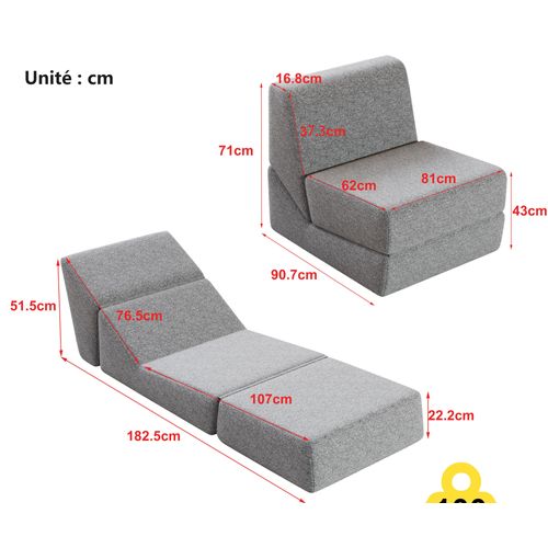 Canapé Convertible 1 Place - Matelas Pliant Triple - Idéal Petits Espaces - Tissu Flanelle - Gris