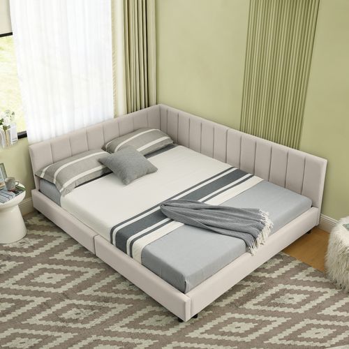 Lit Banquette 140x200 Cm - Haut Dossier Velours - Design Moderne - Confort Chambre - Beige