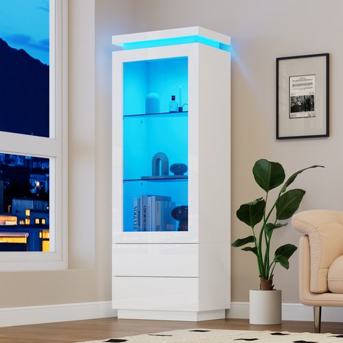 Vitrine Moderne - 2 Tiroirs - LED - Portes En Verre Trempé - Meuble De Salon - Mdf Acrylique - Blanc