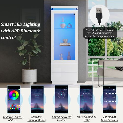Vitrine Moderne - 2 Tiroirs - LED - Portes En Verre Trempé - Meuble De Salon - Mdf Acrylique - Blanc