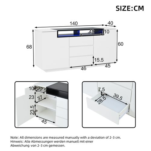 Buffe - Meuble Avec 2 Portes L, 3 Tiroirs Et Étagères Réglables - LED Intégré - Blanc Noir