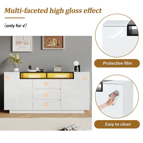 Buffe - Meuble Avec 2 Portes L, 3 Tiroirs Et Étagères Réglables - LED Intégré - Blanc Noir