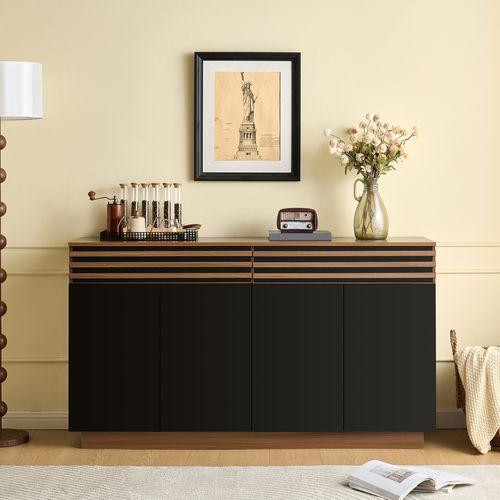 Buffet Bois Brun Moderne Avec Portes Noires - Meuble 2 Tiroirs 4 Portes Pour Salon Et Salle à Manger