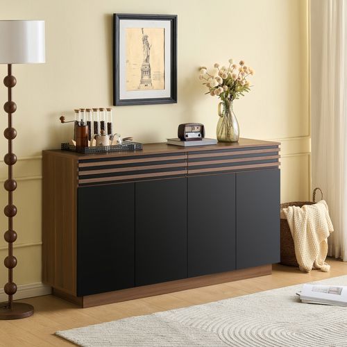 Buffet Bois Brun Moderne Avec Portes Noires - Meuble 2 Tiroirs 4 Portes Pour Salon Et Salle à Manger