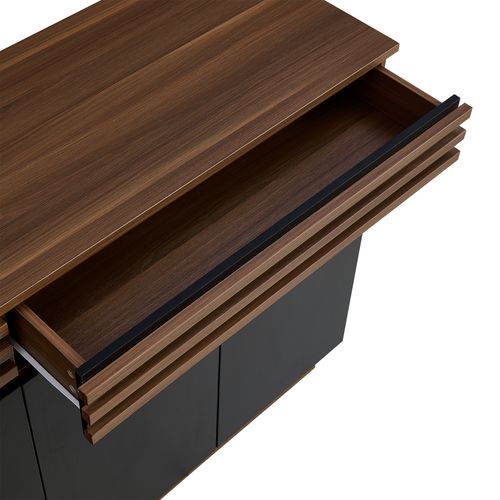 Buffet Bois Brun Moderne Avec Portes Noires - Meuble 2 Tiroirs 4 Portes Pour Salon Et Salle à Manger