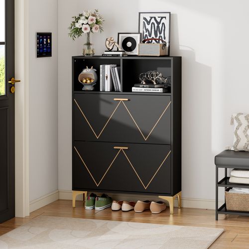 Meuble à Chaussures - 4 Compartiments - 2 Portes Rabattables - Rangement Chaussures - Mdf - Noir