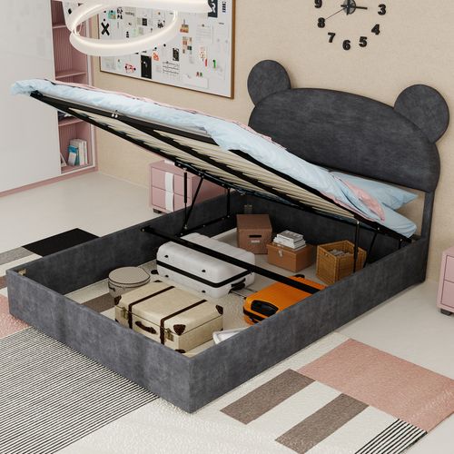 Lit Coffre Double 140x200 Cm - Adulte - Grand Coffre Et Tête Cartoon Capitonnée - Velours - Gris