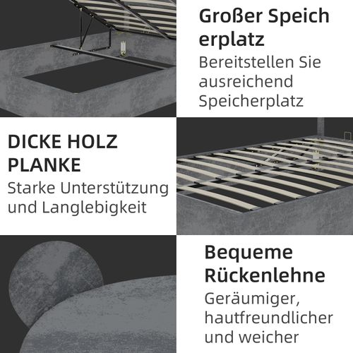 Lit Coffre Double 140x200 Cm - Adulte - Grand Coffre Et Tête Cartoon Capitonnée - Velours - Gris