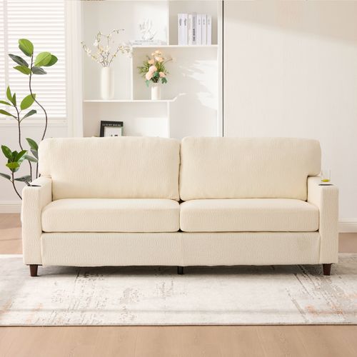 Canapé Droit 2 Places - Rangement - Ports USB - Contemporain - Tissu Chenille - Beige