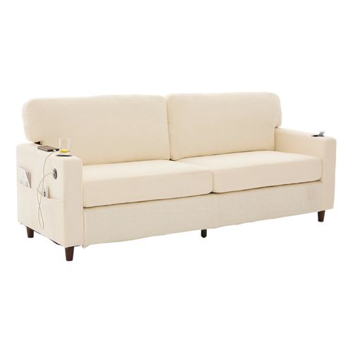 Canapé Droit 2 Places - Rangement - Ports USB - Contemporain - Tissu Chenille - Beige