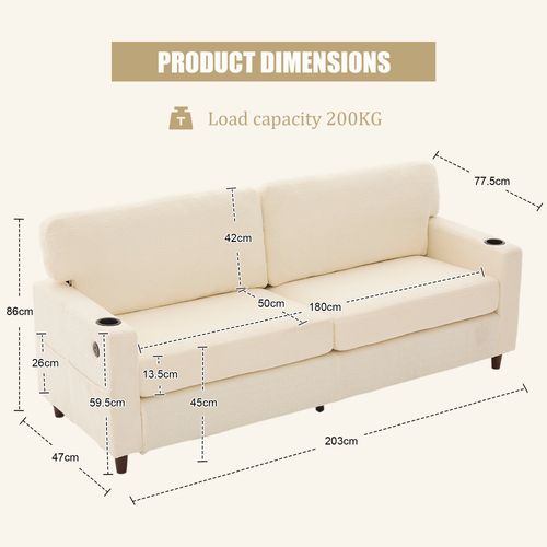 Canapé Droit 2 Places - Rangement - Ports USB - Contemporain - Tissu Chenille - Beige