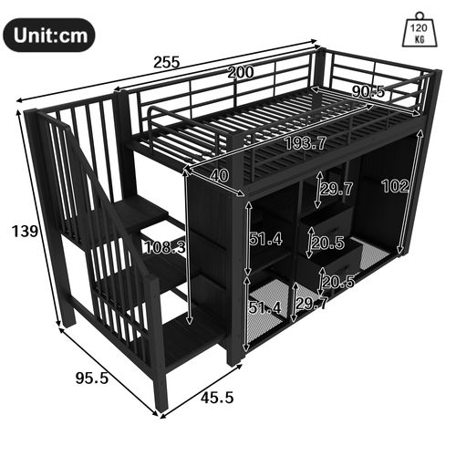 Lit Mezzanine 90x200 - Lit Enfant Avec LED - Rangement - 2 Tiroirs - Armoire Ouverte - Métal Noir