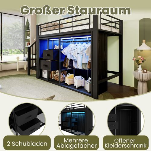 Lit Mezzanine 90x200 - Lit Enfant Avec LED - Rangement - 2 Tiroirs - Armoire Ouverte - Métal Noir