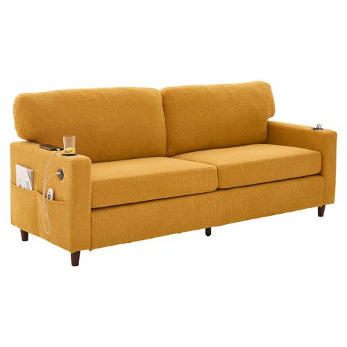 Canapé Droit 2 Places - Rangement - Ports USB - Contemporain - Tissu Chenille - Jaune Moutarde