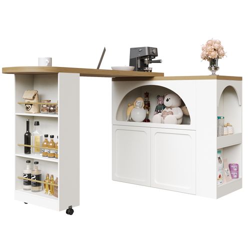 Table Bar - Table Haute Mobile - LED Intégrée - Rangement - Portes Arquées - Blanc